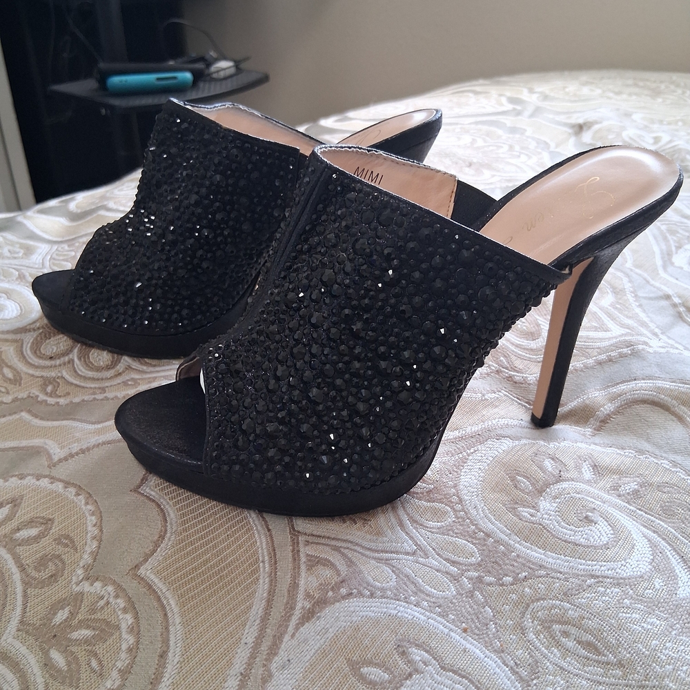 Black Crystal Embellished Open-Toe High Heel Mules